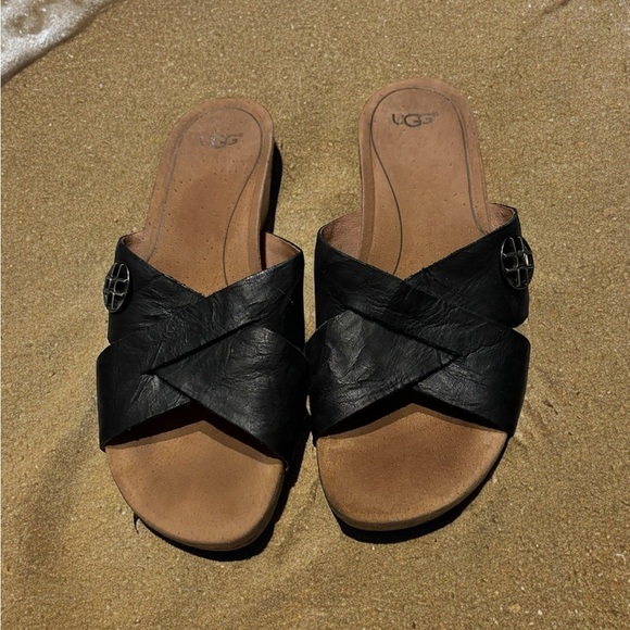 UGG Women’s Sandal Lyra Black Leather Wedge Cork Heel. Size 8.5. - Picture 2 of 8